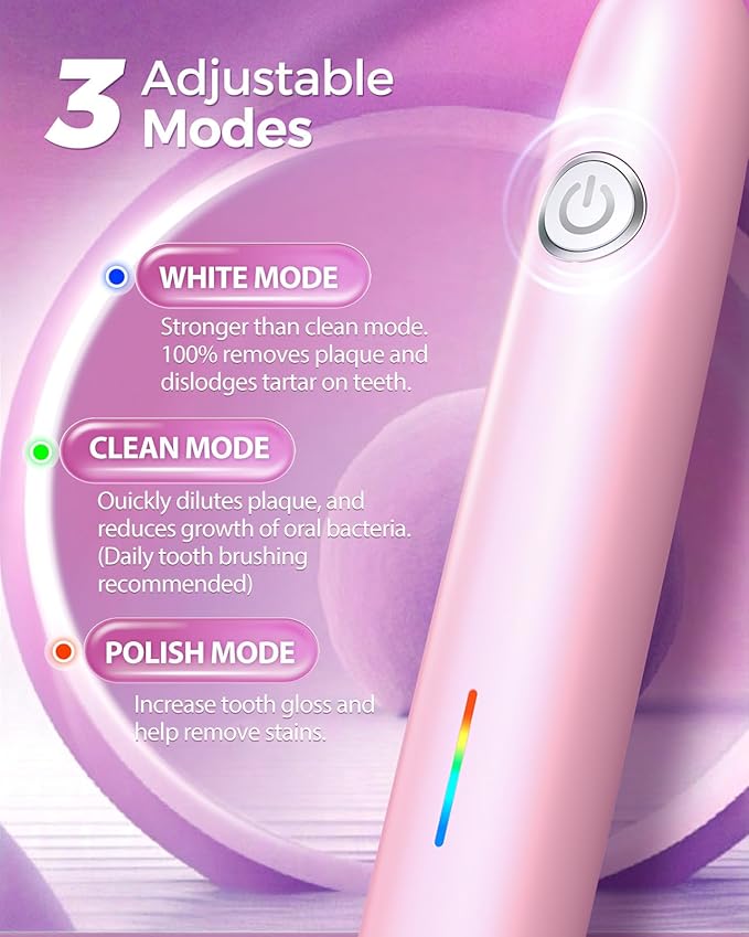 Rotating Electric Toothbrush with 8 Brush Heads for Adults and Kids, 3 Modes Rechargeable Power Toothbrush with 2-Minute Smart Timer, 45-Day Battery Life (Pink)