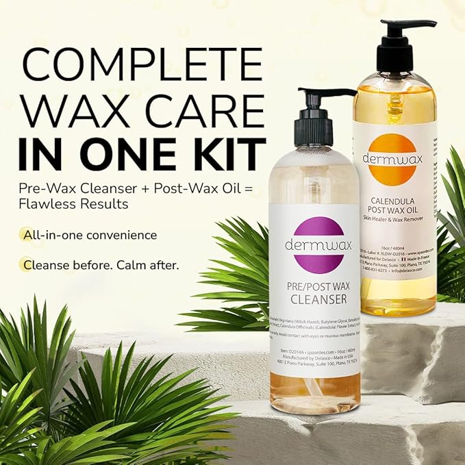 Pre and Post Wax Care Kit – Complete Prep & Aftercare in One Set – Cleanser Removes Oils & Residue – Calendula Oil Calms & Nourishes Skin – Gentle, Paraben-Free Formulas