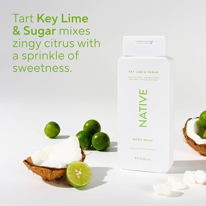 Native Body Wash Contains Naturally Derived Ingredients | For Women & Men, Sulfate, Paraben, & Dye Free Leaving Skin Soft and Hydrating | Key Lime & Sugar 18 oz