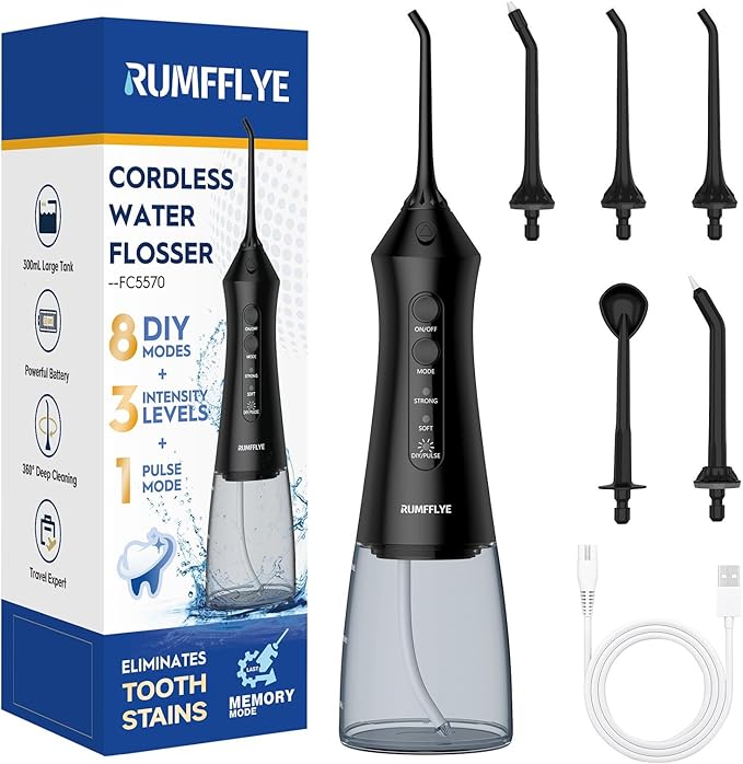 Water Dental Flosser Cordless Oral Irrigator with 300ml 5 Tips 8 DIY Modes 3 Levels 1 Pulse Portable Travle Irrigation Cleaner IPX7 Electric Irrigador Dental for Teeth Cleaning (Black)
