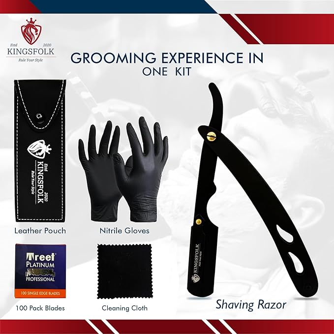 Professional Straight Razor Kit, Black Stainless Steel, with 100 Platinum Blades, Leather Pouch, Cleaning Cloth, Nitrile Gloves Ergonomic Design for Barbers and Home Grooming