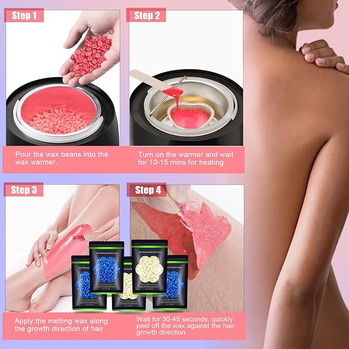 Wax Beads for Hair Removal 1.1 lb (17.6 oz), Hard Wax Beads for Sensitive Skin - Brazilian, Face, Bikini, Legs, Eyebrow, Painless Waxing Beads Kit for Women Men, 5 Packs with 10 Wax Sticks