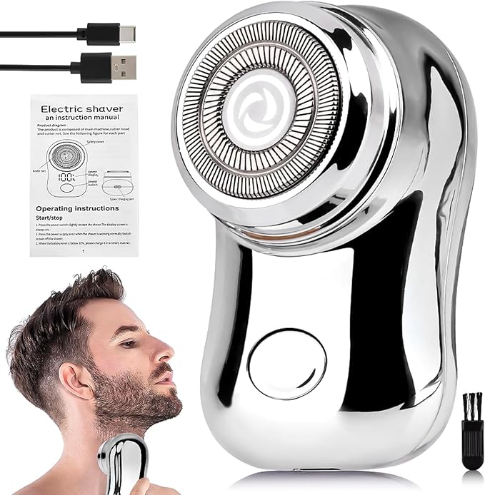 Mini Travel Electric Shaver, Portable Pocket Size Rechargeable Shaving Razor Lightweight Razor with Battery Power Display Wet & Dry Rotary for Teen Office Business (Silver)