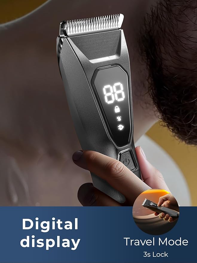 Pubic Hair Trimmer for Man - Cordless Body Hair Trimmer for Men - Electric Ball Shaver with Display & Light - Waterproof Wet/Dry Groomer kit for Groin - 4000K Light - Cosmic Black