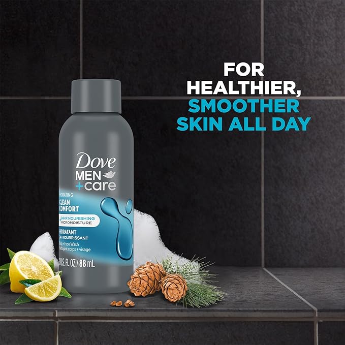 Dove Men+ Care Body + Face Wash, Clean Comfort 6-Pack – Hydrating Shower Gel Formula for Healthy, Smooth Skin, 3 Oz Ea