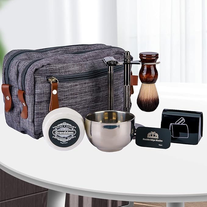 Grandslam Shaving Kit for Men, Safety Razor with 10 Blades, Shaving Brush, Stand and Soap Cream, Stainless Steel Bowl, Canvas & Leather Dopp Kit Gift Set