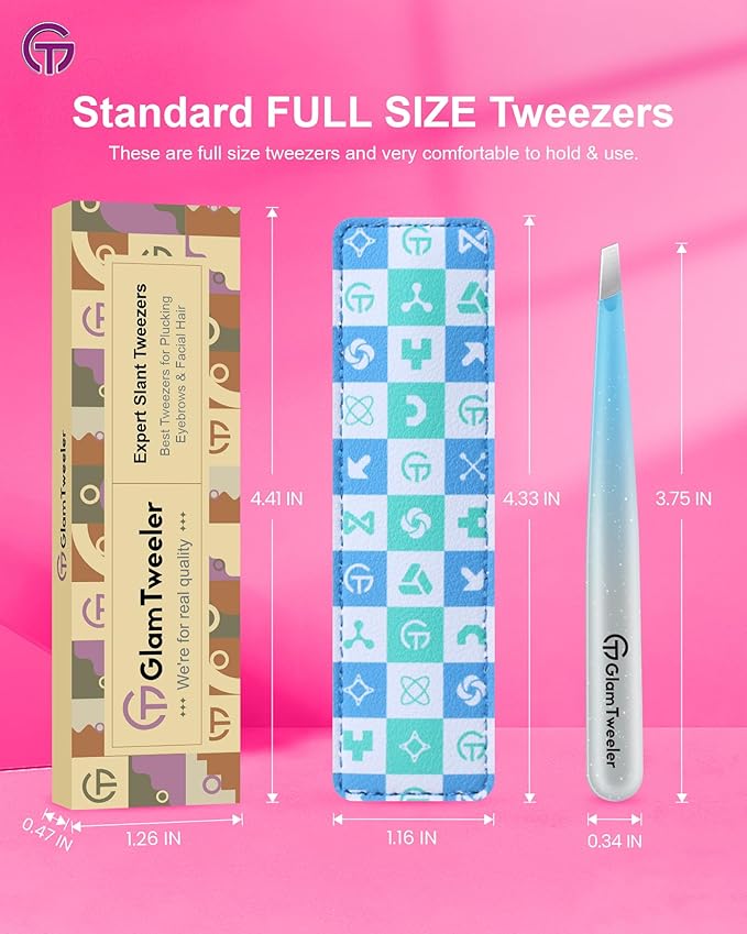 Expert Slant Tip Tweezers with Leather Case, GlamTweeler Sharp & Precision Stainless Steel Tweezer for Eyebrows, Facial Hair and Fine Hairs Removal (Sparkle Blue & Silver)