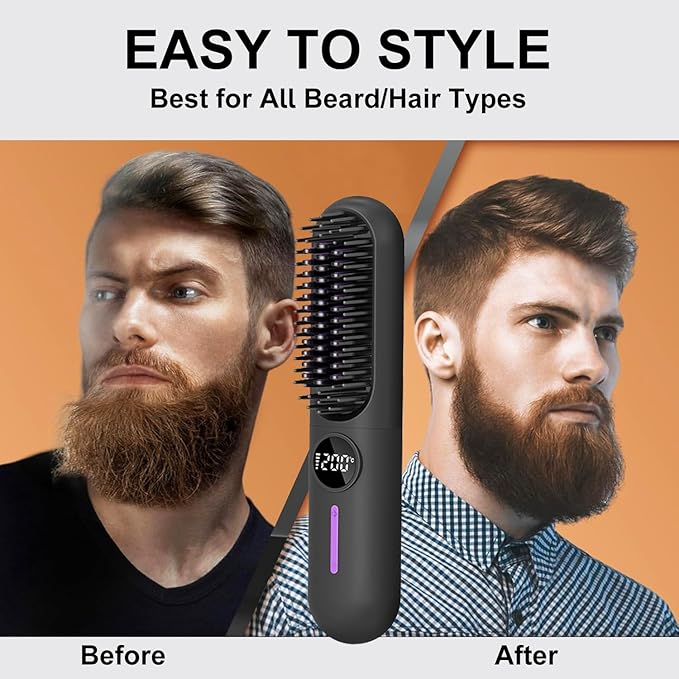 Beard Straightener for Men, Cordless Heated Beard Brush, Portable Beard Hot Combs, Ionic Hair Straightener Brush with 7 Temp Settings, Hot Comb for Home Travel