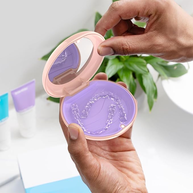 2 Pack Retainer Case with Mirror, Compatible with Invisalign, Orthodontic Aligner Case with Removal Tool and Brush, Pink