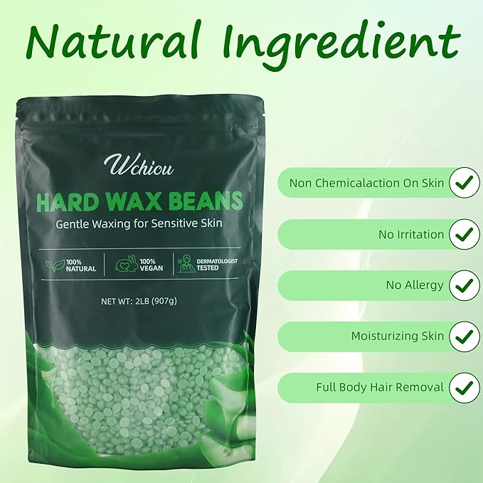 Hair Removal Wax, 2lb Wax Beads for Sensitive Skin, With Pure Aloe Vera, For Face, Eyebrow, Leg, Bikini, Brazilian Waxing, Coarse Body Hair Specific