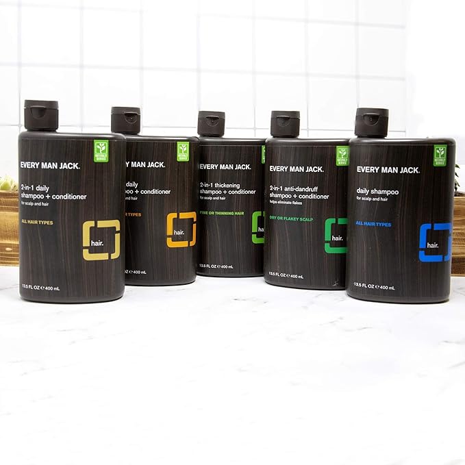 Every Man Jack 2-in-1 Thickening Shampoo + Conditioner - Thicken, Cleanse, and Hydrate Hair with Coconut, Aloe, and Tea Tree Oil - Naturally Derived and No Harsh Chemicals - Twin Pack