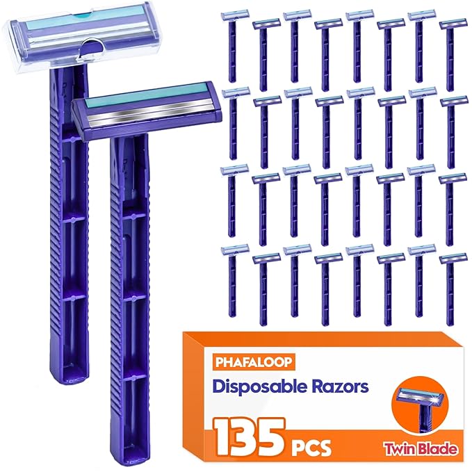 Twin Blade Disposable Razors for Men & Women – 135 Pack Bulk Stainless Steel Shavers with Lubricating Strip & Safety Cap, Non-Slip Handle for Sensitive Skin, Travel, Hotel, Charity (Blue)
