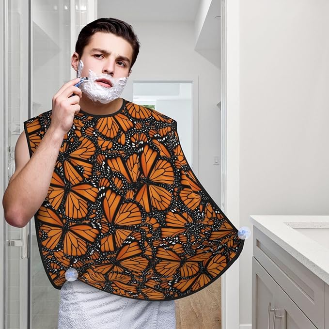 Beard Grooming Cape, Waterproof Hair Catcher for Shaving Trimming, Non-Stick Bib Apron Gifts for Dad Men, Beautiful Monarch Butterfly Shave Bib