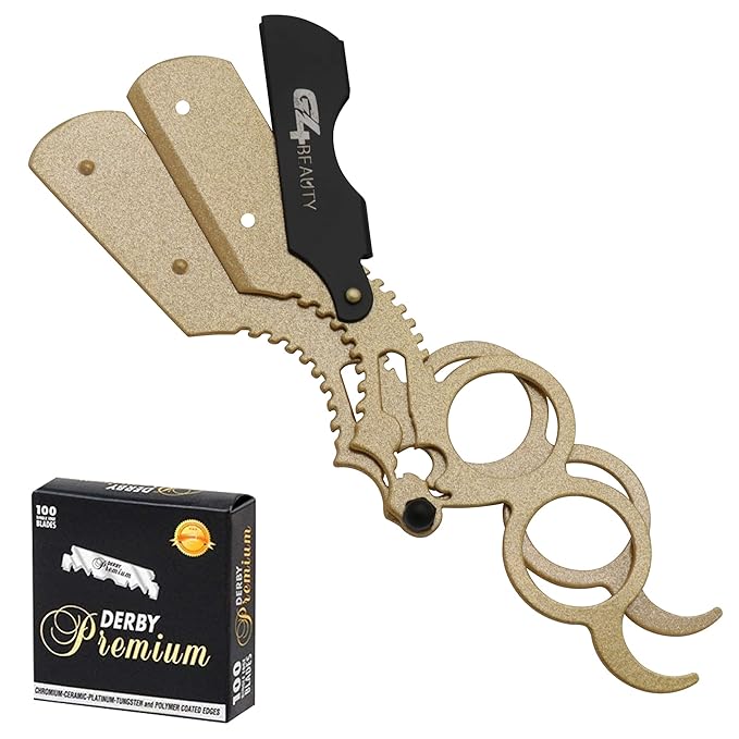 G4 Vision Universal Replaceable Half Blade Straight Razor with 100 Blades, Professional Double Ring Barber Single Edge Shave Razor (Gold Black)