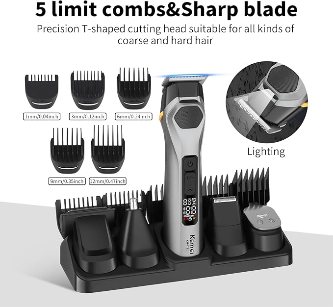 KEMEI Professions Beard Trimmer for Men Cordless IPX6 Waterproof Mens Beard Trimmer for Night Lighting Lamp Rechargeable for Nose, Body, Face and Mustache with LED Display Gifts Mens KM-1791