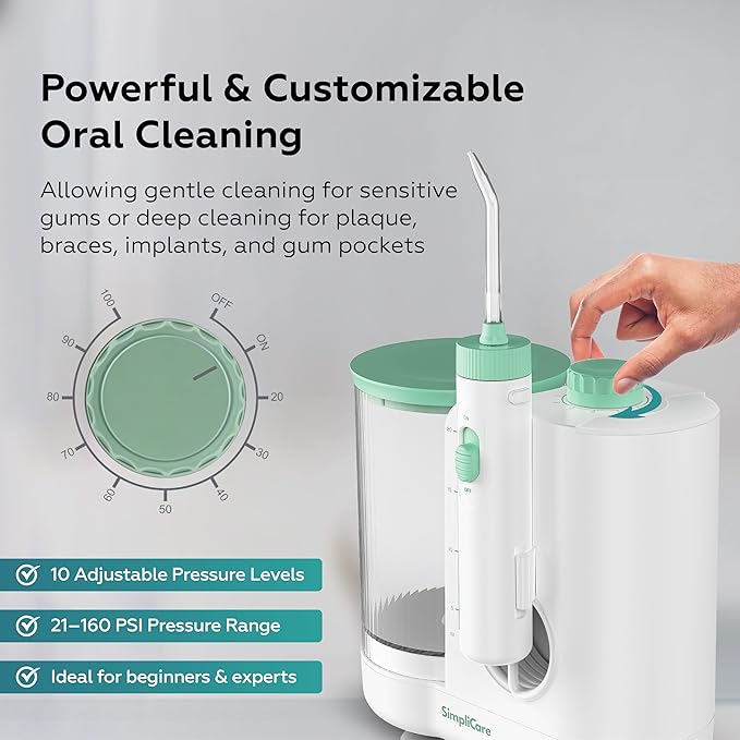 Pro Countertop Oral Irrigator Water Dental Flosser | 10 Pressure Levels, 21–160 PSI, 20.3 oz Large Tank, Complete 8-Tip System for Braces, Implants & Gum Care, BPA-Free (FC1761-W)