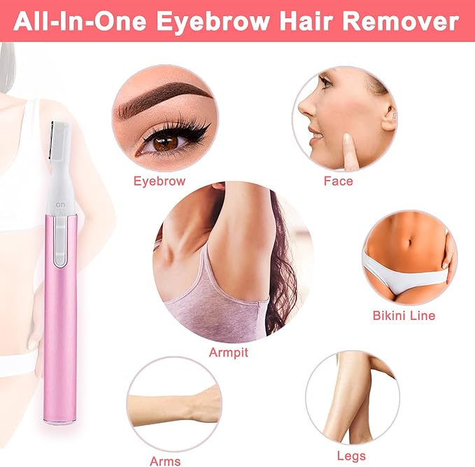 Electric Eyebrow Trimmer for Women, Facial Hair Razor Removal for Men, Mini Epilator for Bikini, Remover for Face, Chin, Peach Puzz, Lips, Body, Arms, Legs, Battery Operated (Pink)