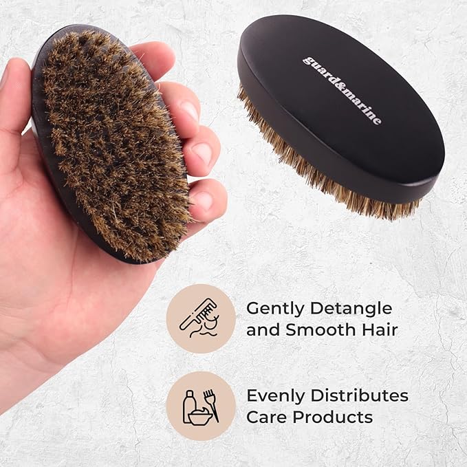 GUARD&MARINE 100% Boar Bristle Beard Brush for Men – Medium Firm Military Style Brush for Short Beard, Mustache & Waves – Natural Wooden Handle Grooming Brush