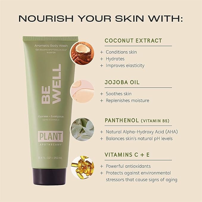 plant apothecary Be Well Sulfate Free Body Wash for Men and Women - Moisturizing Shower Gel with Essential Oils, and Vitamin E, Vitamin B5-8.4 fl oz