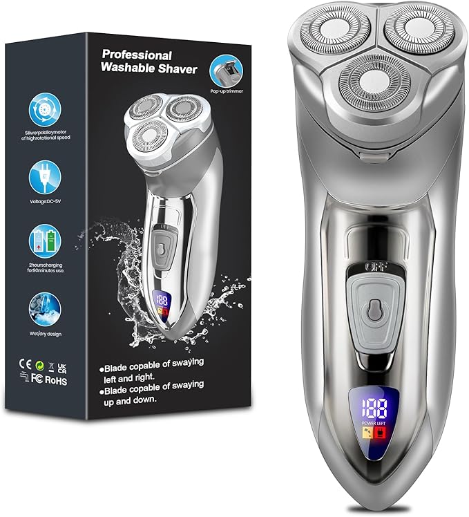 Sakioo Men's Electric Shaver, 3-Blade Rotary 4D Floating Head, IPX7 Waterproof Wet Dry Shaving, Type-C Rechargeable, LED Display Cordless Portable Travel Razor, Ideal Gift for Men