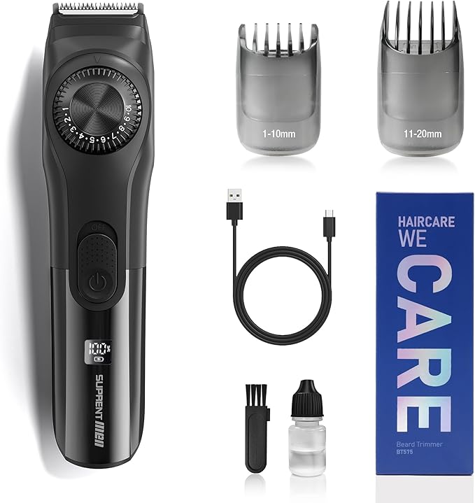 SUPRENT Adjustable Beard Trimmer for Men- Cordless Electric Beard Trimmer with Precision Dial- USB Rechargeable 19 Length Settings- Waterproof Mustache Trimmer for Mens Christmas Gifts