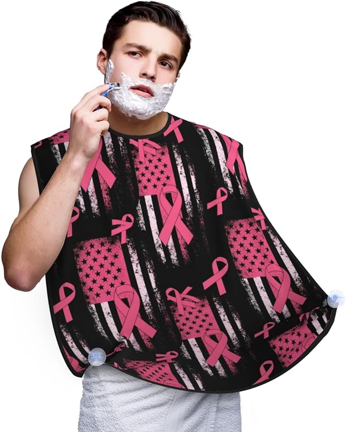 Stretchable Beard Cape, Non-Stick Hair Catcher for Trimming, Waterproof Grooming Apron, Breast Cancer Awareness Pink Ribbon American Flag