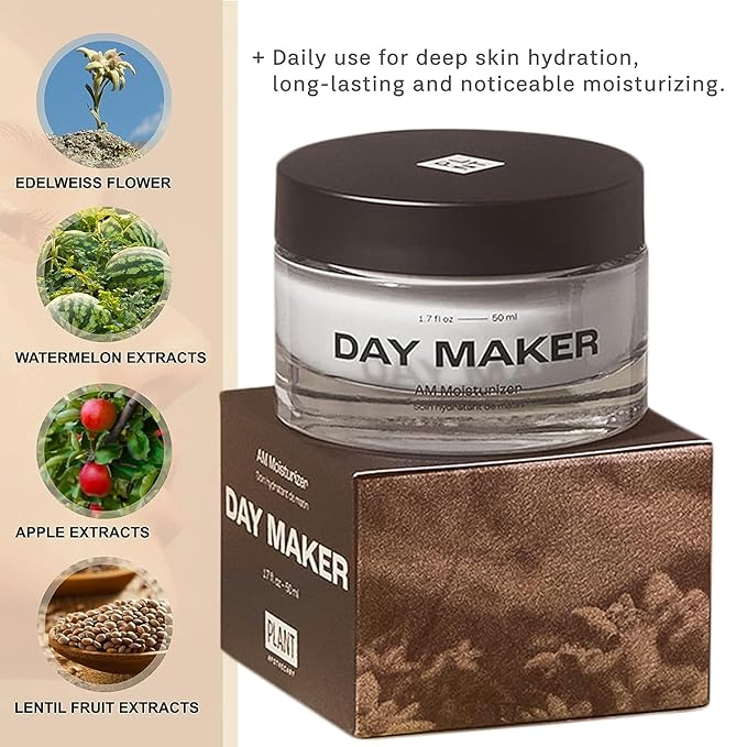 Plant Apothecary Day Maker Daily Moisturizer with Vitamin E, Edelweiss, Watermelon, Apple, Lentil Fruit Extract - Retain Skin Moisture - Hydrating Facial Cream for Men and Women - 1.7 fl oz