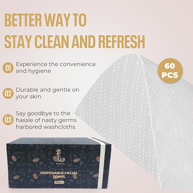 Disposable Facial Towels – Ultra Soft Biodegradable Dry Face Wipes for Sensitive Skin, Lint-Free Cleansing & Makeup Removal Towels for Daily Skincare Routine, 60 Count