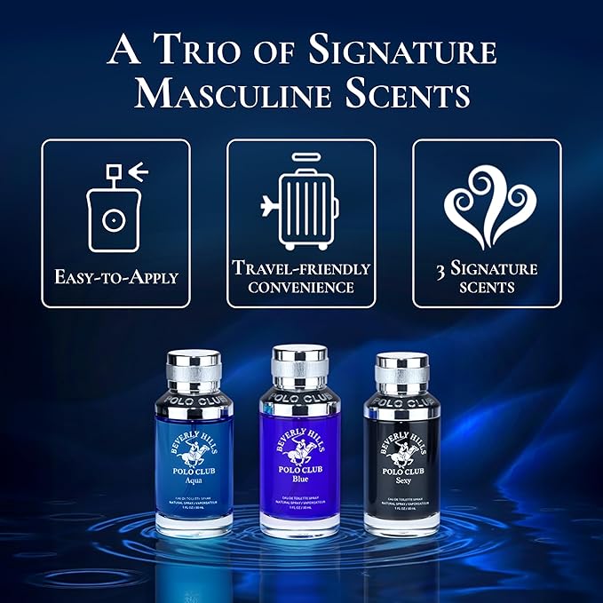 Beverly Hills Polo Club Men’s Eau de Toilette Gift Set – 3 Piece Slider Collection (Aqua, Blue & Sexy) – Long-Lasting EDT Fragrance Trio for Men – Compact Travel-Friendly Bottles – 3 x 1 oz / 30 ml