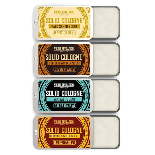 Viking Revolution 4 Pack Solid Cologne for Men - Men's Cologne Gift Set Including Coffee and Whiskey, Palo Santo, Sea Salt, Bourbon and Suede - Travel Size Gifts for Men (0.5 Oz each)