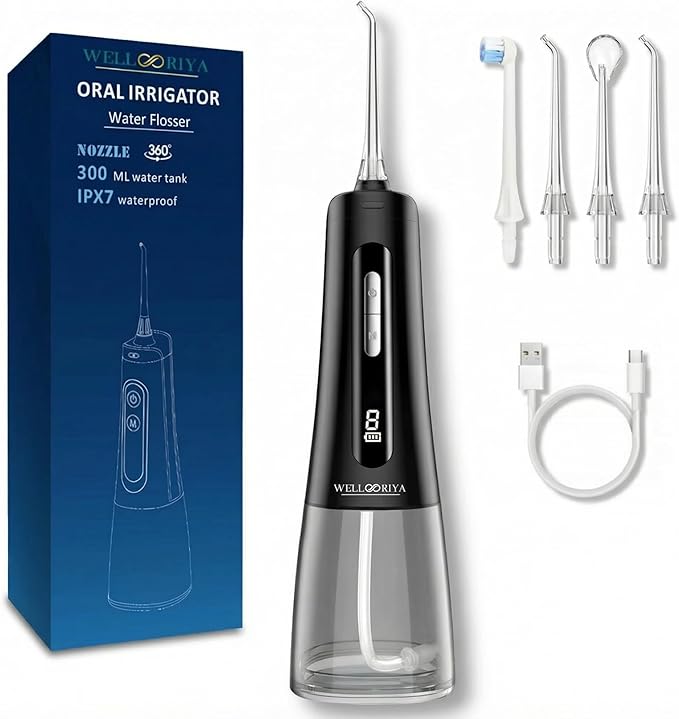 Cordless Water Dental Flosser – Power Dental Flosser for Teeth & Gums, 9 Pressure Levels, 300mL Tank, USB-C Rechargeable Oral Irrigator, IPX7 Waterproof for Braces & Travel – Wellooriya (Black)