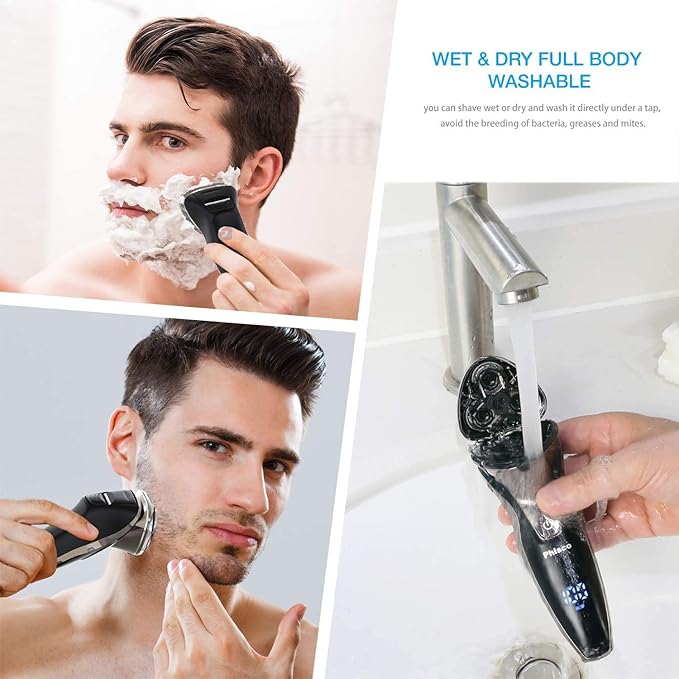 Phisco Electric Shaver Razor for Men, Rechargeable Floating Rotary Razor with Pop-up Sideburn Trimmer, LED Display Waterproof Shaver for Dry Wet Shaving