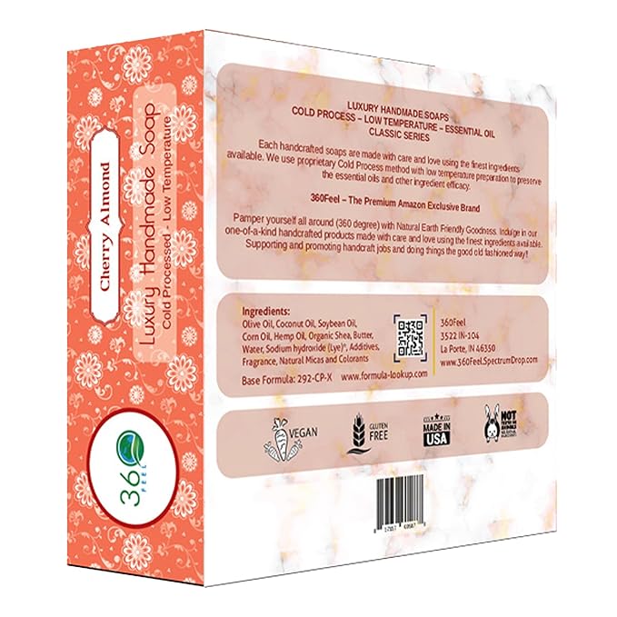 360Feel Cherry Almond Soap - Made in the USA - Castile Handmade, All Natural, Cold Processed - Infused with Refreshing Cherry Almond Essential Oil for Soothing Scent - Rich, Creamy Lather - 5oz