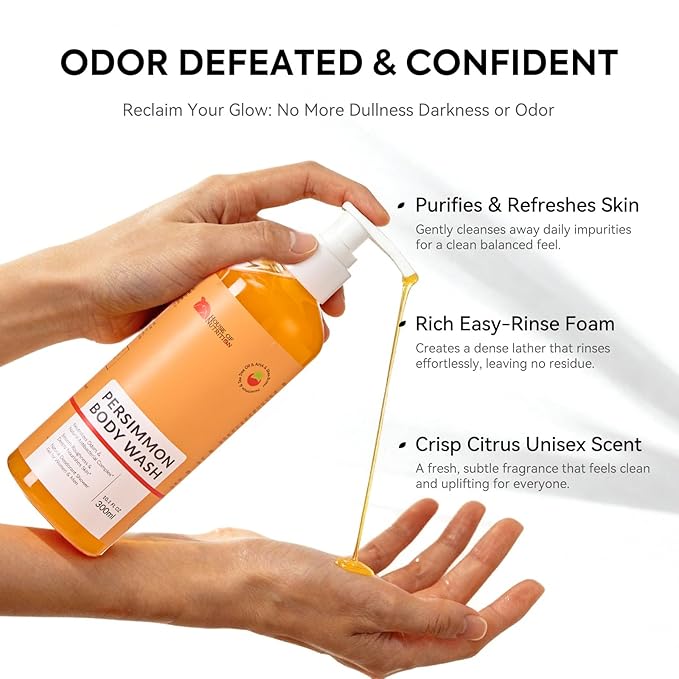 Persimmon Body Wash for Body Odor Control, Natural Deodorizing Soap for Underarms, Intimate Area & Smelly Feet, Deep Cleansing Odor Eliminator with Tea Tree, Family Safe 10 Fl Oz