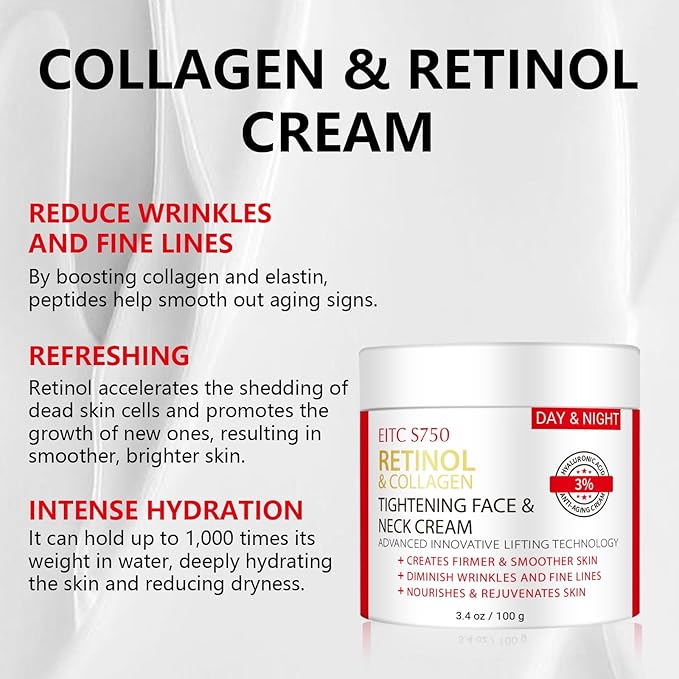 Retinol Cream for Face, Anti-Aging Neck Cream for Tightening and Firming with Collagen & Hyaluronic Acid, Instant Face Lift Cream Face Moisturizer for Women & Men, Rapid Wrinkle Repair 3.4 fl. oz.