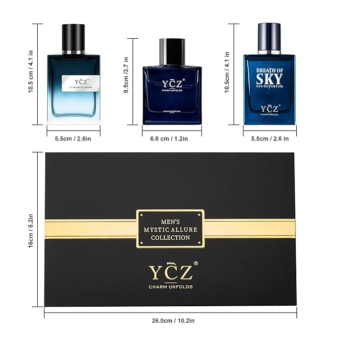 Ycz 3-Piece Cologne for Men Set - 50ml Each, Ocean/Sky/Club Perfume for Men, Eau de Cologne with Woody Fresh Citrus Notes, Ideal Special Occasions, Elegant Gift Box, Long-Lasting Sillage Unique Gift