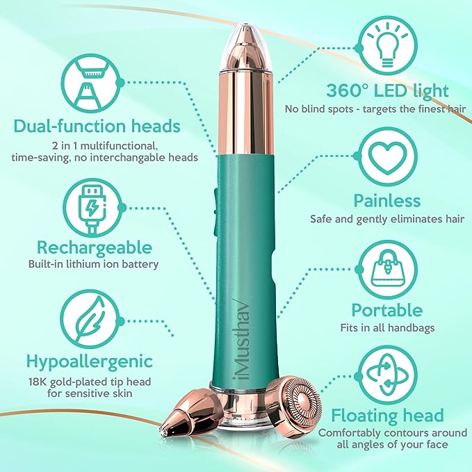 2 in 1 Eyebrow and Facial Hair Remover for Women Painless Electric Razor Epilator Trimmer Shaver with 18K Gold-Plated, USB Rechargeable, 360° LED for Flawless Eyebrow and Face Hair Removal