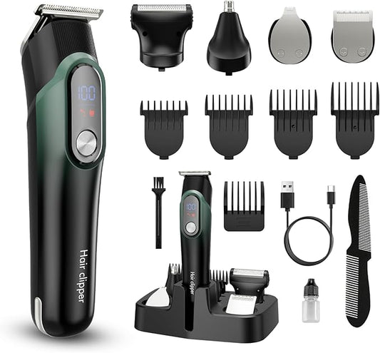 Beard Trimmer for Men: Professional Barber Hair Clippers, 5-in-1 Cordless Grooming Kit, Rechargeable Electric Razor & Shaver for Face, Mustache, Body, Ear, Nose Hair Trimmer with LED Display, Cyan