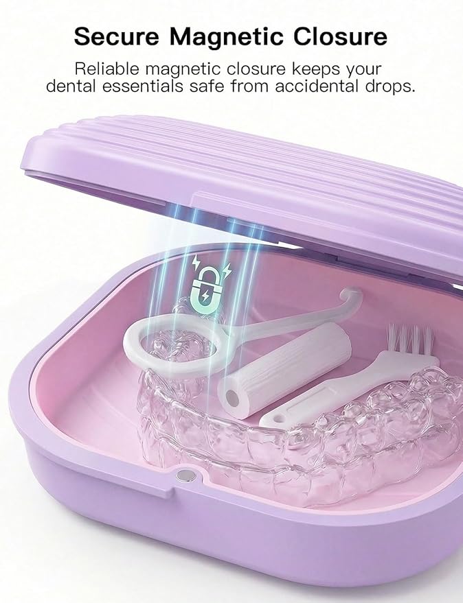 Retainer Case with Vent Holes, Aligner Case for Invisalign, Portable Aligner Kit, Removable Silicone Liner, Orthodontic Storage Box Secure Magnetic Closure for Travel - Purple