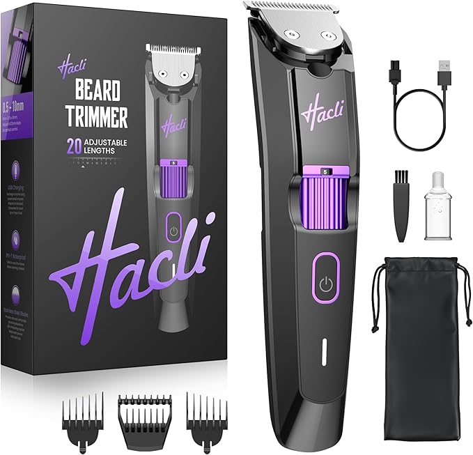 HACLI Professional Beard Trimmer for Men - Cordless IPX7 Waterproof, Precision Dial with 20 Adjustable Length Settings, Wet/Dry Use, 80 Min Runtime, Premium Facial Hair Groomer, Gift for Dad & Husband