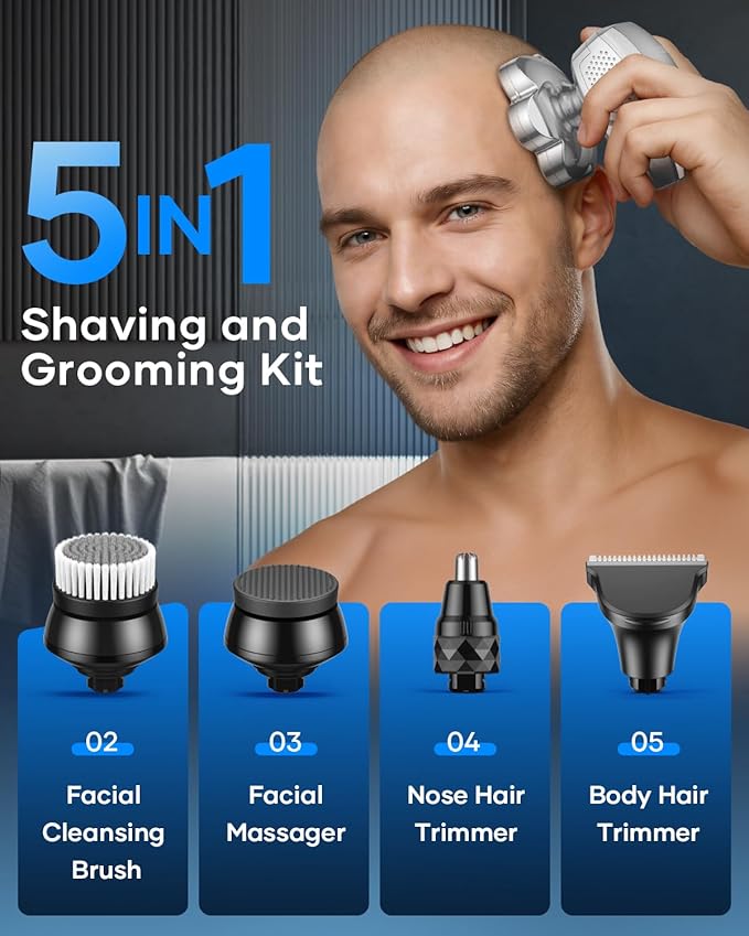 7D Head Shavers for Bald Men, 5-in-1 Magnetic Detachable Head Shaver, IPX7 Waterproof Electric Razor for Wet/Dry Use, Shaving Grooming Kit for Balder, LED Display, Type-C Charge, Silver White