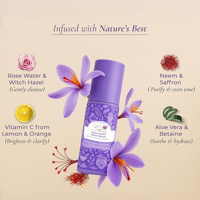 Ayurvedic Face Wash with Witch Hazel, Saffron ext.,Lemon ext., Rose water, Orange ext., Aloevera, Cucumber ext. | Powered by Niacinamide, Vitamin C, Retinol, Allantoin & Betaine hydrate | 3.38 fl oz.