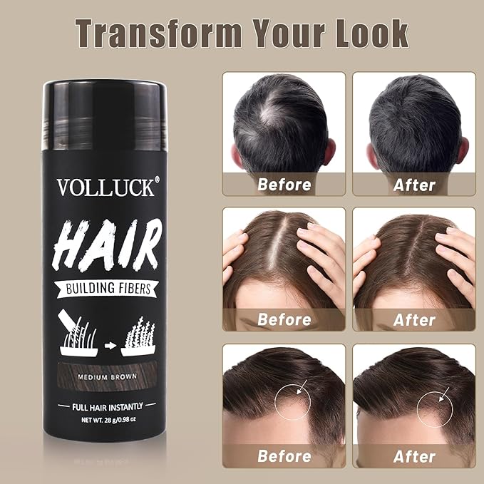 VOLLUCK Hair Fibers for Thinning Hair, Instant Coverage Hair Building Fibers for Women and men, Natural Hair Powder for Conceal Hair Loss 28 g*2 (Medium Brown, 2 PCS)