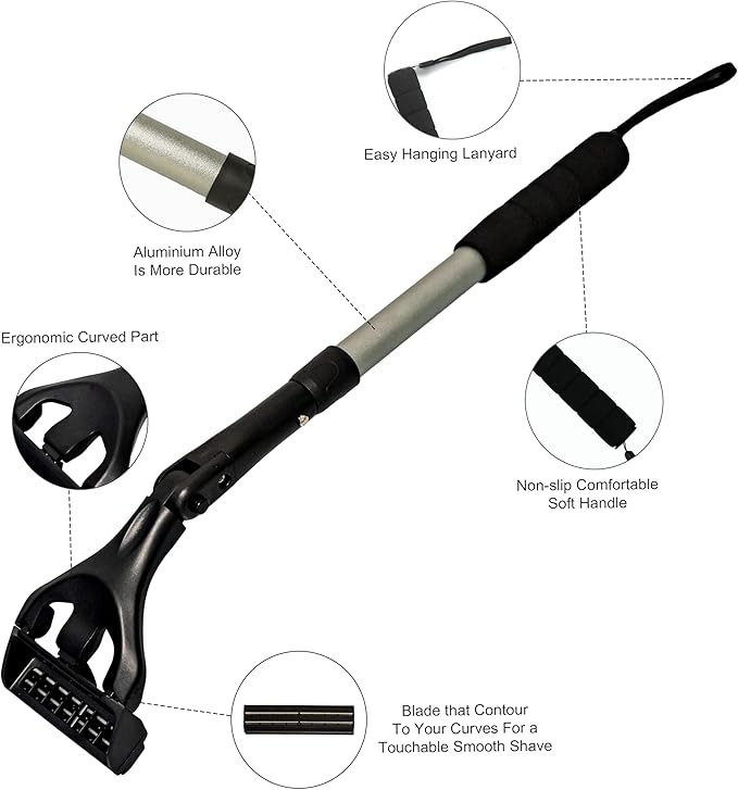 EASACE Back Hair Shaver for Men, DIY Body Grooming, Safety Blade, Extension Handle, Wet & Dry Use