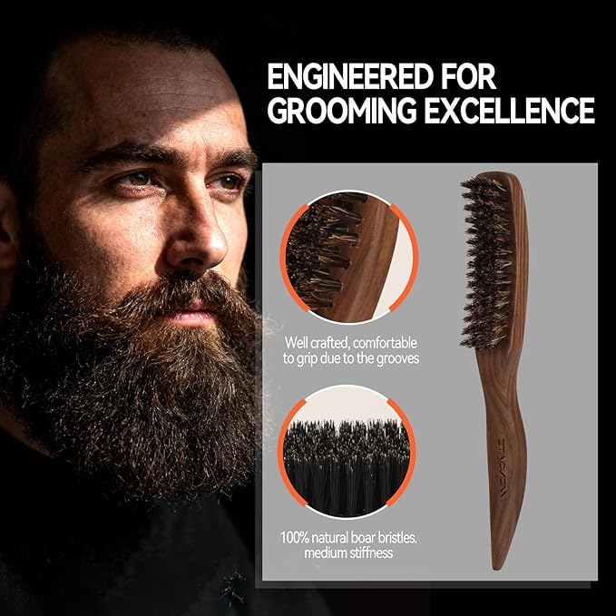 Men's Stiff Boar Bristle Beard and Hair Brush, Walnut Handle with Mini Metal Keychain Comb, Portable Grooming Duo for Travel Home Use