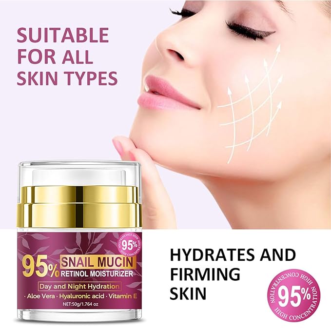 Retinol Cream for Face, Snail Mucin Face Moisturizer with Retinol and Hyaluronic Acid, Anti Aging Face Cream for Women and Men Day & Night Lifting & Firming Anti Wrinkle for All Skin Types 1.76 Fl Oz