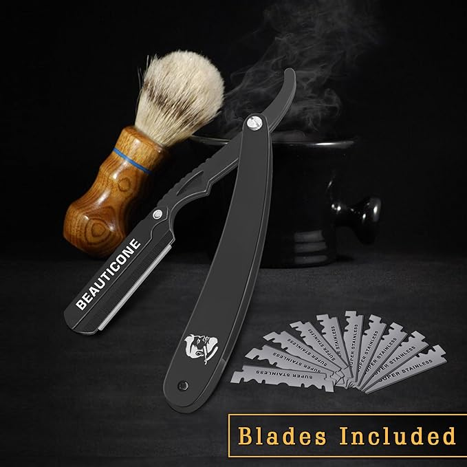 BEAUTICONE Straight Razors for Men, Professional Barber Razors, Premium Straight Edge Razor, Shaving Knife, Shavette, Stainless Steel, Wooden Handle, With PU Leather Case