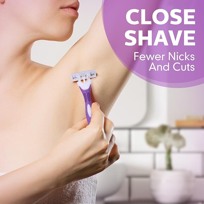 48 Count Women's Disposable Razors Bulk Purple 3 Blade Sensitive Skin Bikini Line Razor for Bathing Hotel Travel