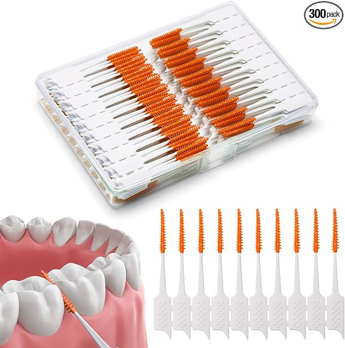300 Pieces Interdental Brushes,Braces Brush with Silicone Head,Dental Tooth Flossing Toothpick Cleaners Tooth Tool, Orange