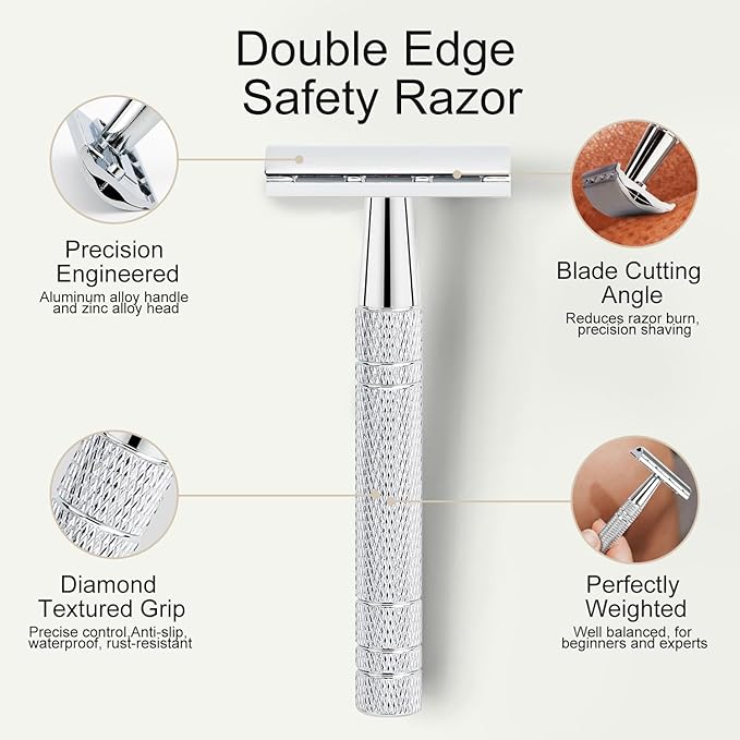 Double Edge Safety Razor with Stand, Single Blade Razors for Men and Women, Reusable Metal Razor, with 10 Double Edge Blades, Smooth and Close Shave, Shiny Silver